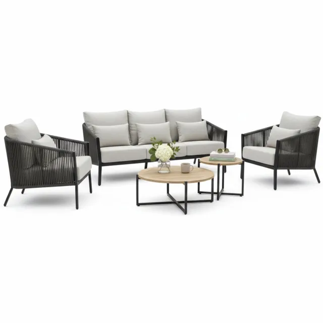 Belito Ouddorp Loungeset | 5-Persoons | Rope & Teakhouten Tafels | Nr.3 Grijs