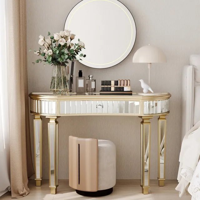 DESMIU Halvemaan Consoletafel Met Spiegelglas En Lade - Elegant Voor Hal, Woonkamer En Slaapkamer - MDF En Glas - Goud En Zilver - 120x38x78 Cm