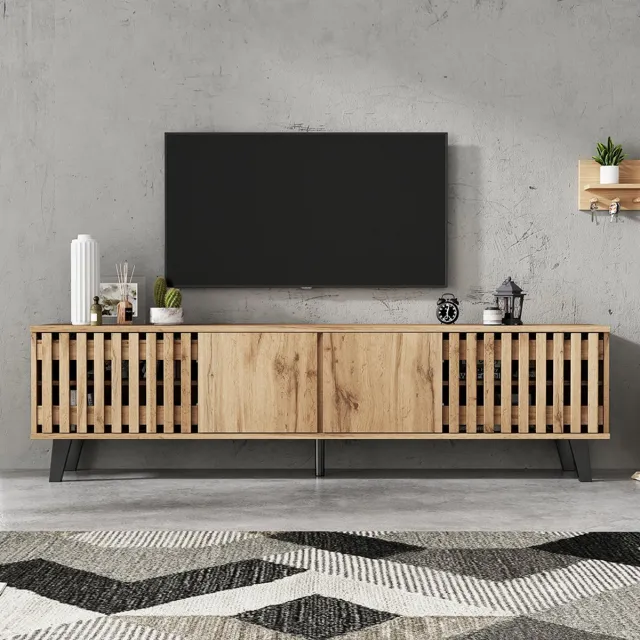 Pugsdrly TV-meubel 180 x 40 x 55 cm, onderkasten in originele houtkleur, 8 aparte opbergvakken, TV-standaard, TV-meubel en multimediacenter geschikt voor 70-inch TV-toestellen, ideaal voor de woonkamer Natuurlijk hout