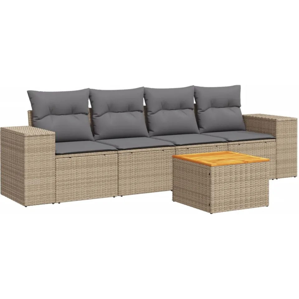 vidaXL 5-delige Loungeset met kussens poly rattan beige, foto 3