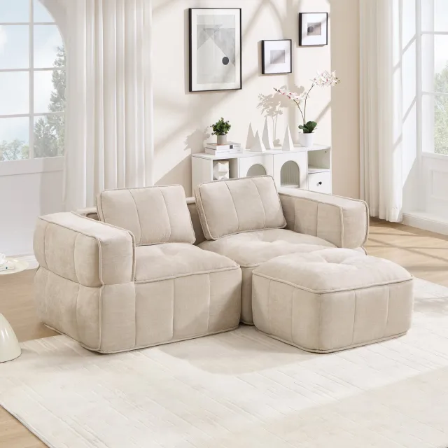 COVREO L-vormige hoekbank met hocker – 198x162x67 cm – Modulaire 2-zitsbank met diepe zit – Zitmeubel voor woonkamer – Beige