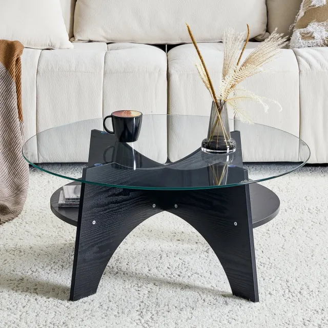COVREO Salontafel 80x80x36 cm – transparant veiligheidsglas, zwart MDF onderstel, rond