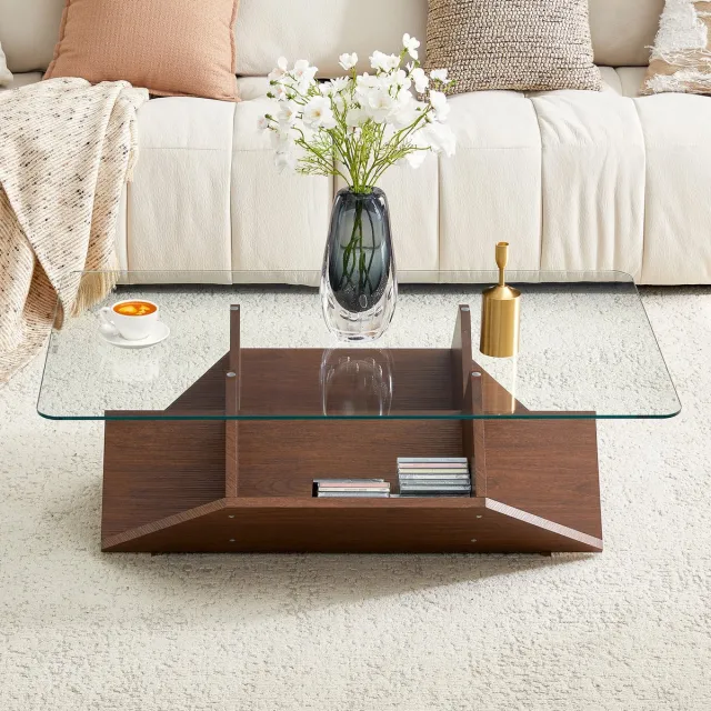 REDOM Luxe Glazen Salontafel (103x63) - Geometrisch Walnoot Design met Opbergvakken - 10mm Gehard Glas - Modern Okkernoot
