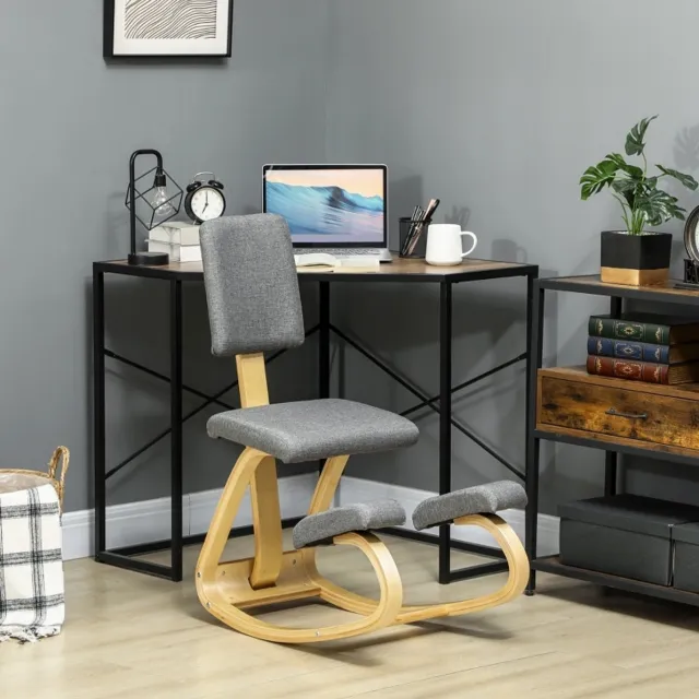 DESMIU Bureaustoel 51 x 84 x 93 cm - Ergonomische Kniestoel Met Rugleuning En Schommelfunctie - Voor Kantoor En Meditatie - Hout En Grijs