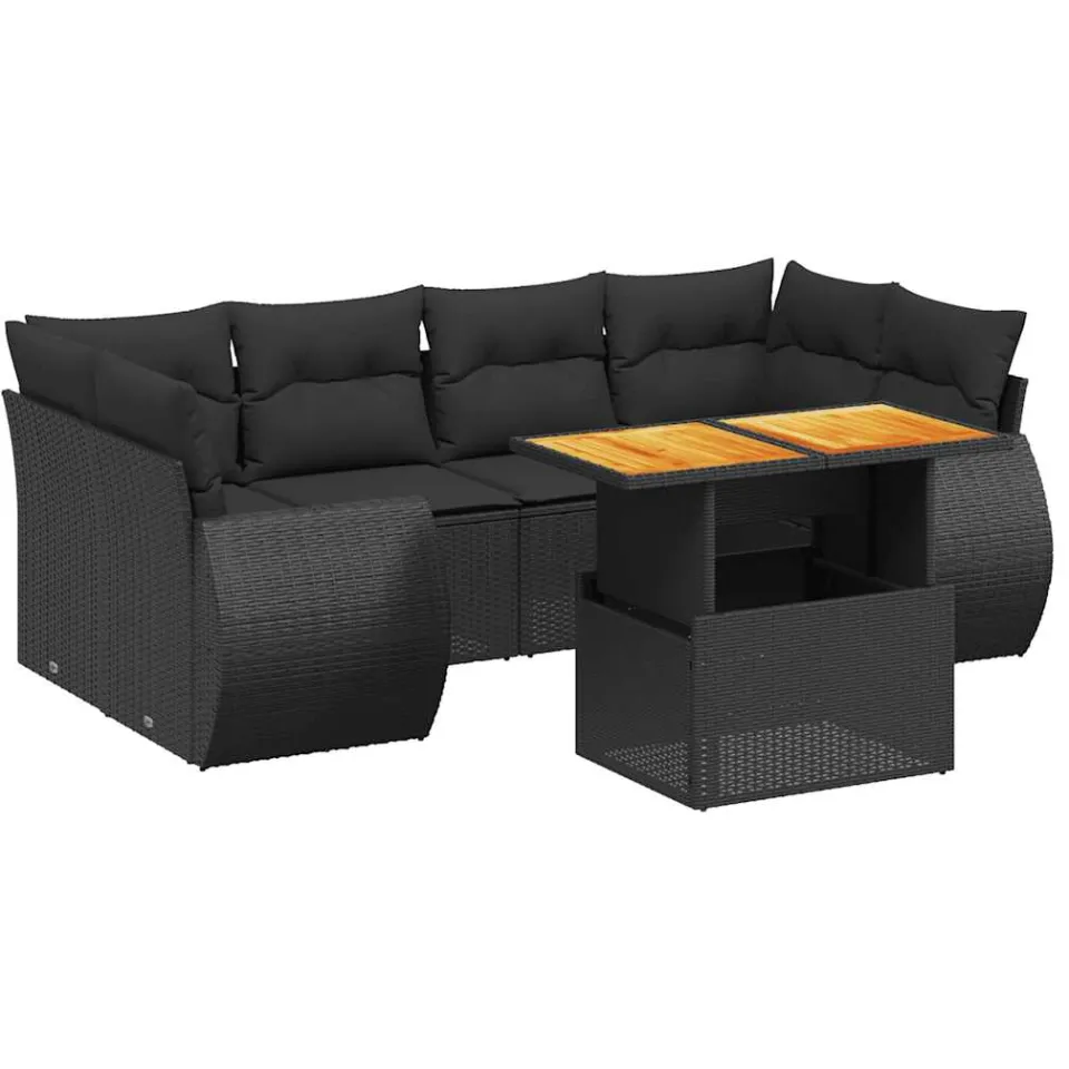 vidaXL 7-delige Loungeset met kussens poly rattan zwart