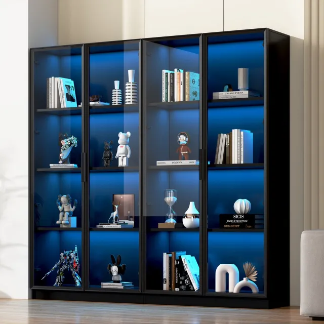 WUVRIE Vitrinekast 160x40x160 cm - Glazen deuren, verstelbare planken en app-bedienbare LED - Zwart
