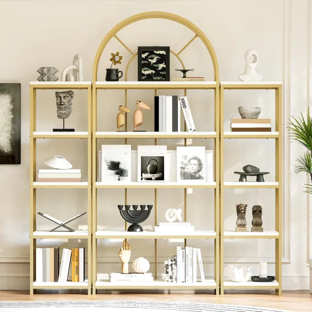 Zubaliya Boekenkast Set - 163x30x184 cm wit/goud - 3-delige modulair - boogdesign - met anti-kip Gold