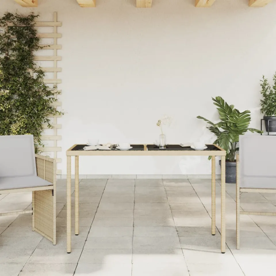 vidaXL Tuintafel met glazen blad 115x54x74 cm poly rattan beige, foto 3