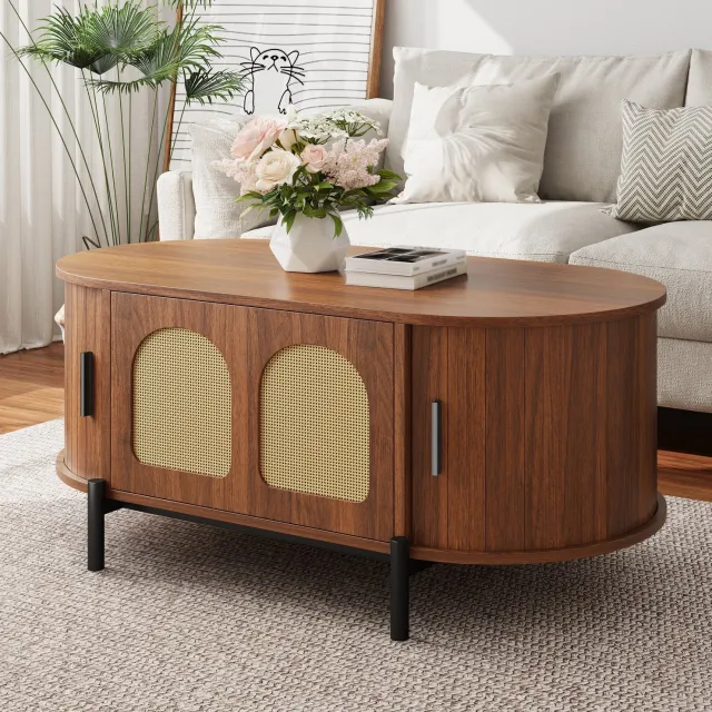 CHICFURN Salontafel - Ovaal - Opbergruimte - Schuifdeuren - Walnoot