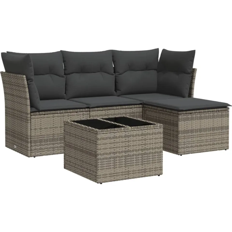 vidaXL 5-delige Loungeset met kussens poly rattan grijs, foto 3