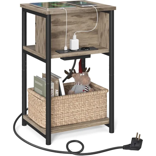 FurnStar Bijzettafel met stopcontact – Nachtkastje – 2 AC & 2 USB-poorten – Stalen frame – 30 x 34 x 58 cm – Hazelnootbruin-zwart