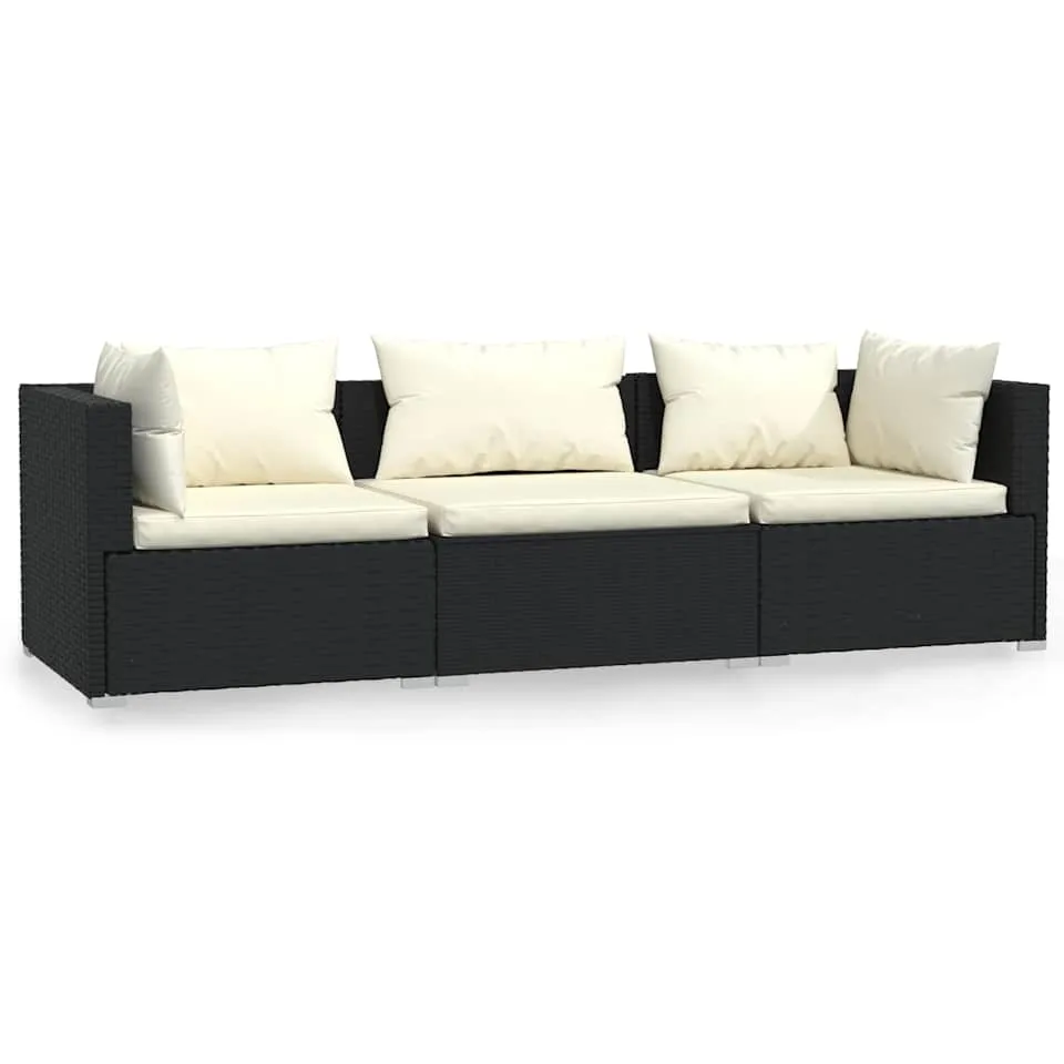vidaXL Driezitsbank met kussens poly rattan zwart