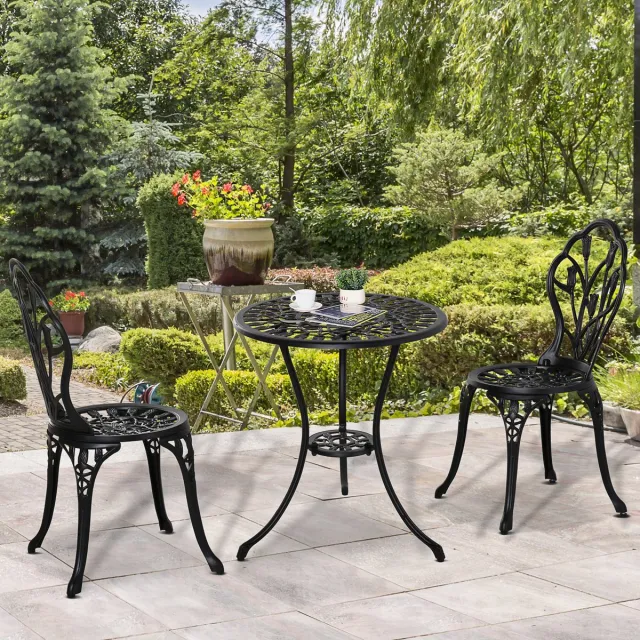 REDOM 3-Delige Bistroset - Ronde Tafel En 2 Klapstoelen - Voor Balkon En Tuin - Aluminium - Zwart - Ø60 x 67 cm
