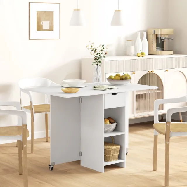 STILVORA Opklapbare Eettafel Met Twee Uitklapbare Tafelbladen Voor Twee Tot Vier Personen Met Lade En Open Vakken Spaanplaat Wit 114,5 X 70 X 75 Cm