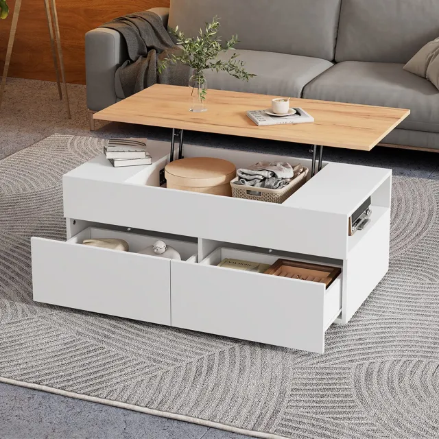 KOMHTOM BLACKCOLORS 100*50*40 cm Salontafel In hoogte verstelbare salontafel met verborgen opbergruimte, salontafel met 2 lades, salontafel met halfopen opbergruimte, bijzettafel in wit + houtkleur