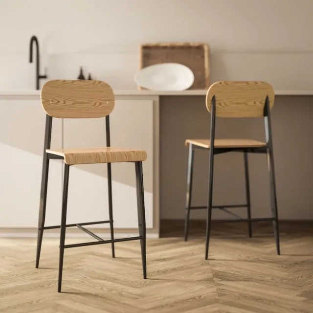 HAUSS SPOLE Barkruk - Set Van 2 - Met Rugleuning, Voetsteun En Metalen Frame - Voor Keuken, Eethoek En Huisbar - Houtlook Zwart Natuurlijk hout