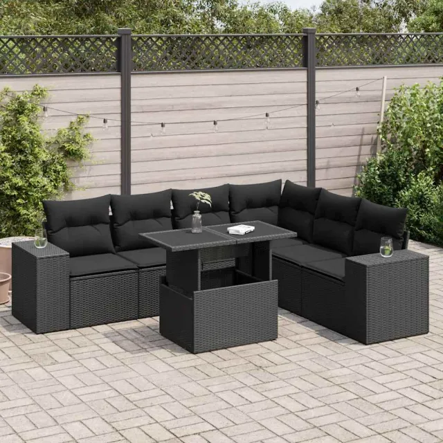 vidaXL 7-delige Loungeset met kussens poly rattan zwart, foto 2