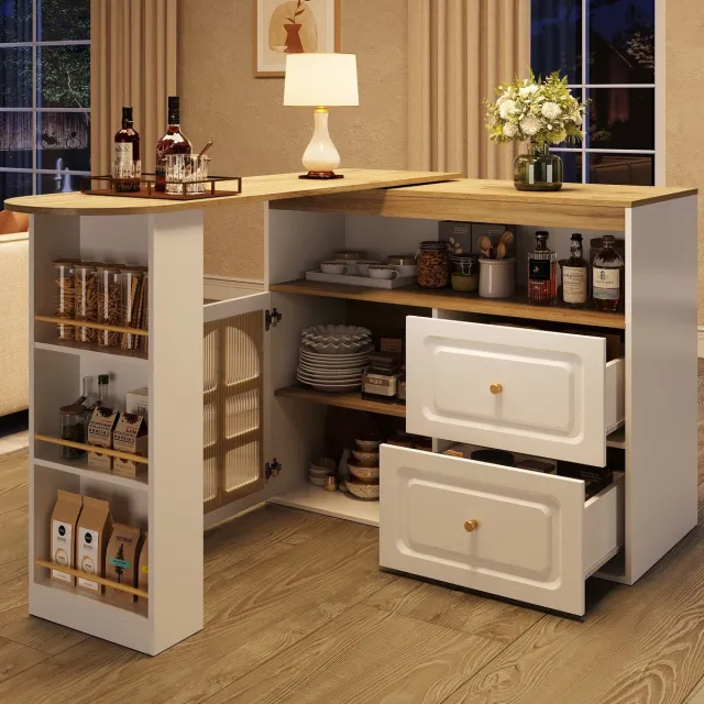 DESMIU Draaibaar Dressoir - Modern Met Boogglas En Laden - Flexibele Opbergruimte Voor Woonkamer En Eetkamer - MDF - Wit - 138 Tot 204 x 39 x 104 Cm