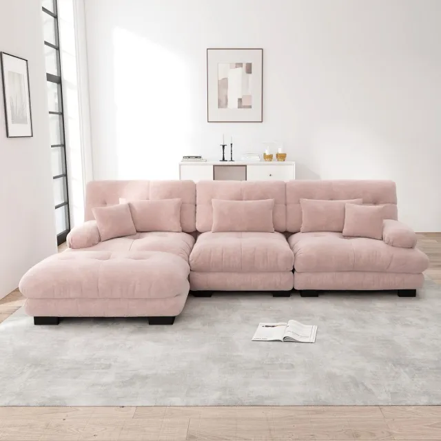 MIVRAY Hoekbank 313 x 145 x 81 cm - Modulair Cloud Design Met Verplaatsbare Ottoman - Voor Woonkamer Of Kantoor - Chenille Roze