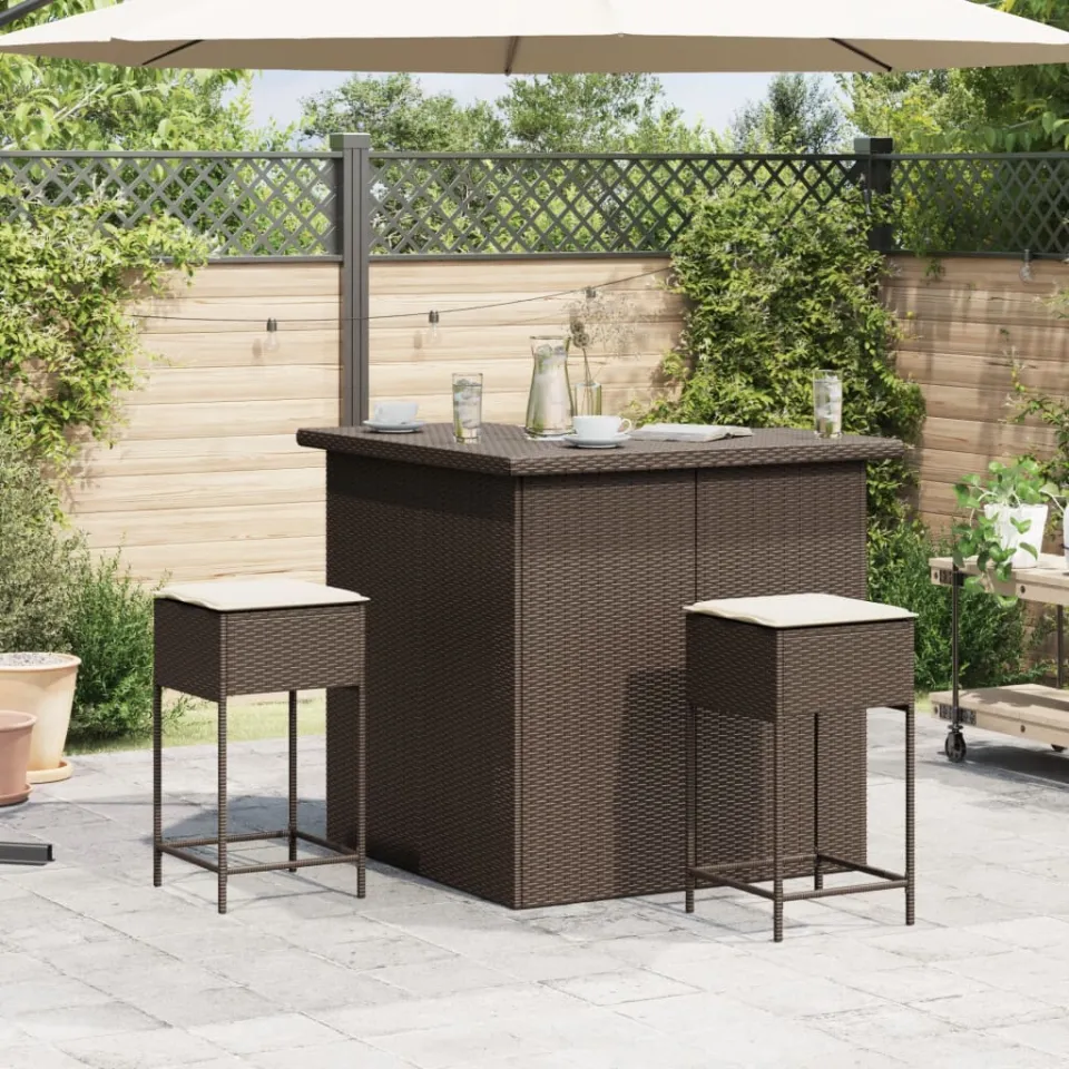 vidaXL 3-delige Tuinbarset met kussens poly rattan bruin, foto 3