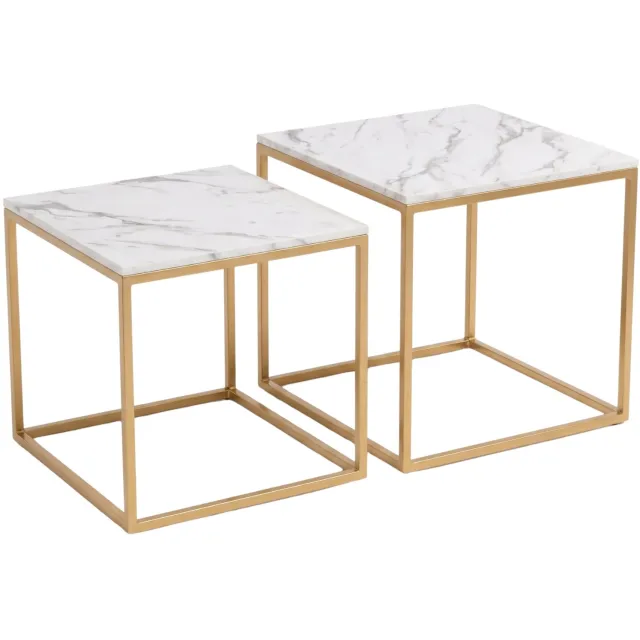 SCENA LIVING Bijzettafel - Set van 2 vierkante koffietafels met verschillende afmetingen, 50 x 50 x 50,5 cm Złoty i biały