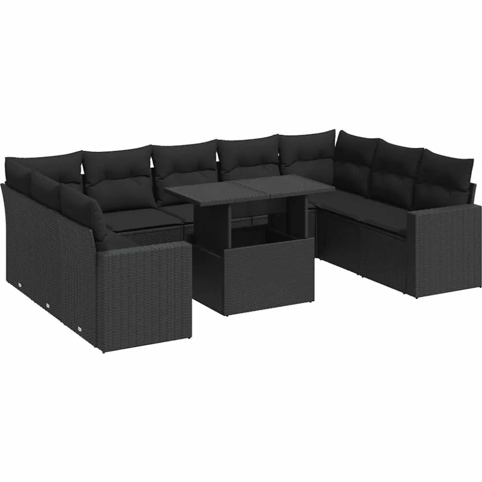 vidaXL 10-delige Loungeset met kussens poly rattan zwart, foto 3