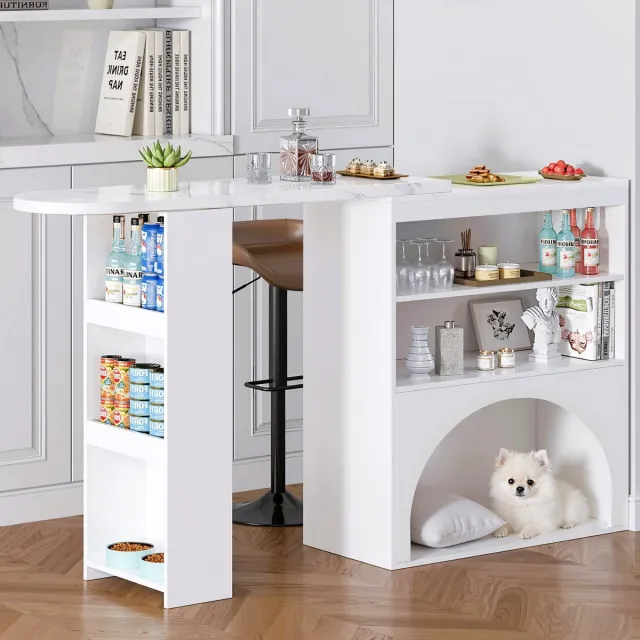 MODFU Moderne Uittrekbare Bartafel & Eettafel, Draaiende Hoge Tafel met Huisdiergebied, Witte Marmorlook, 120(+80)×40×100 cm White