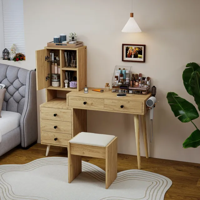 DESMIU Kaptafel – Uitschuifbaar Met Verzonken Spiegel – 84 bij 40 bij 120 cm – Bewerkt Hout – Natuurlijk Beige – Met 5 Lades En Zijkast Naturel