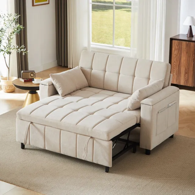 MUVANO 3-in-1 Chenille Slaapbank - 2-Zits Bedbank Met Opbergruimte - Uitschuifbaar Logeerbed - 148,6x81,3x86,4cm - Slaapfunctie - Woonkamer - Beige