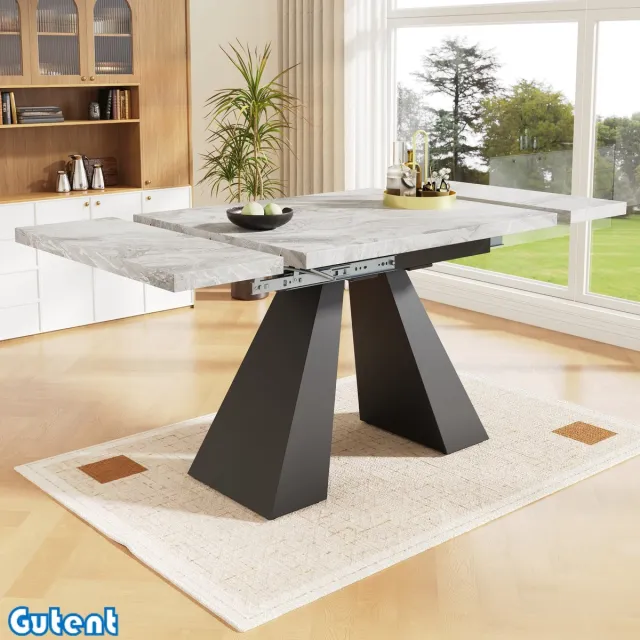 Gutent Uitschuifbare eettafel (99-159 x 74 cm)-Ruimtebesparend-Grijs tafelblad-Zwarte kolompoten Grijs/Zwart