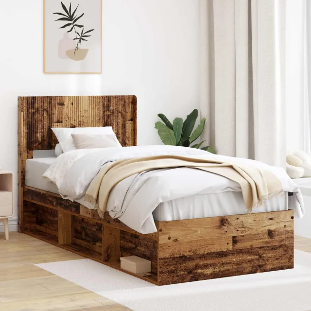 vidaXL Bedframe met opbergruimte en hoofdbord Oud hout 100 x 200 cm Bruin
