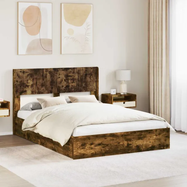 vidaXL Bedframe met opbergruimte en hoofdbord Gerookt eiken