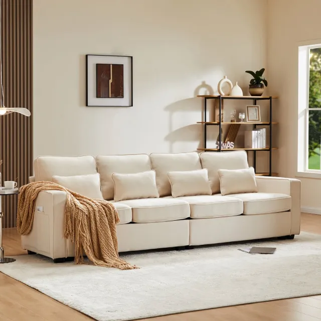 OKWISH Bank - 4-Zits - Comfortabel Woonkamersofa Met Verplaatsbare Voetensteun - Linnen - Beige