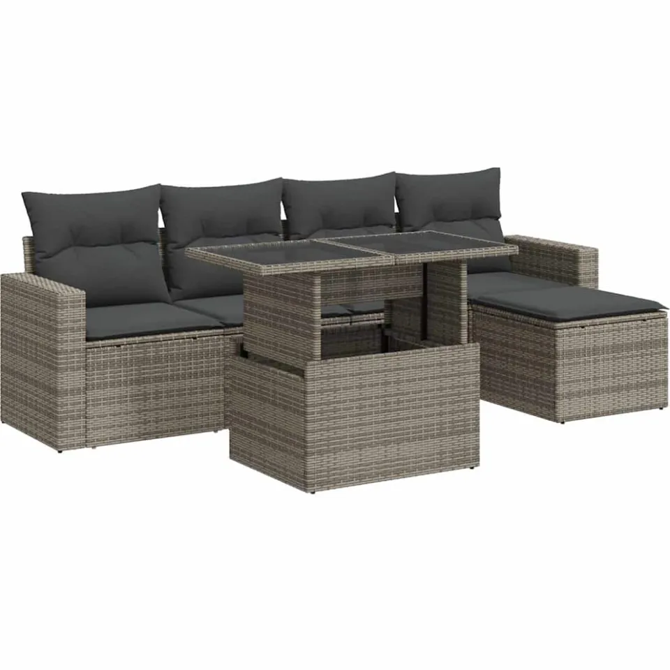 vidaXL 6-delige Loungeset met kussens poly rattan grijs, foto 3