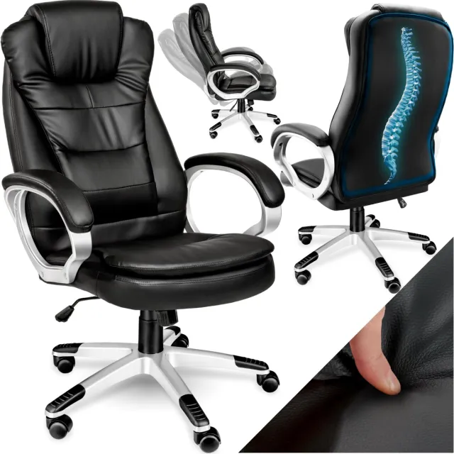 Tectake Bureaustoel - Luxe directiestoel - Draaistoel met wielen - In hoogte verstelbaar - Ergonomische computerstoel van kunstleer - Inclusief armleuningen en kantelmechanisme - Vulling 12 cm - Zithoogte 47-55 cm - Zwart Zulu
