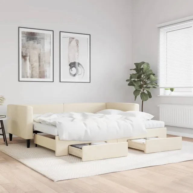 vidaXL Slaapbank met onderschuifbed en lades 90x200 cm stof crèmekleur