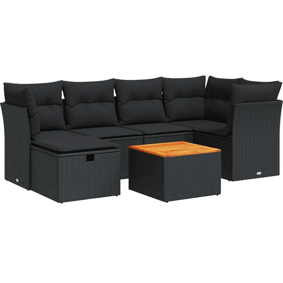 vidaXL 7-delige Loungeset met kussens poly rattan zwart, foto 3