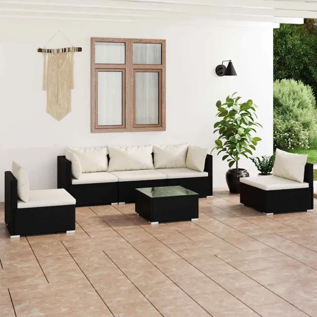 vidaXL 6-delige Loungeset met kussens poly rattan zwart, foto 2