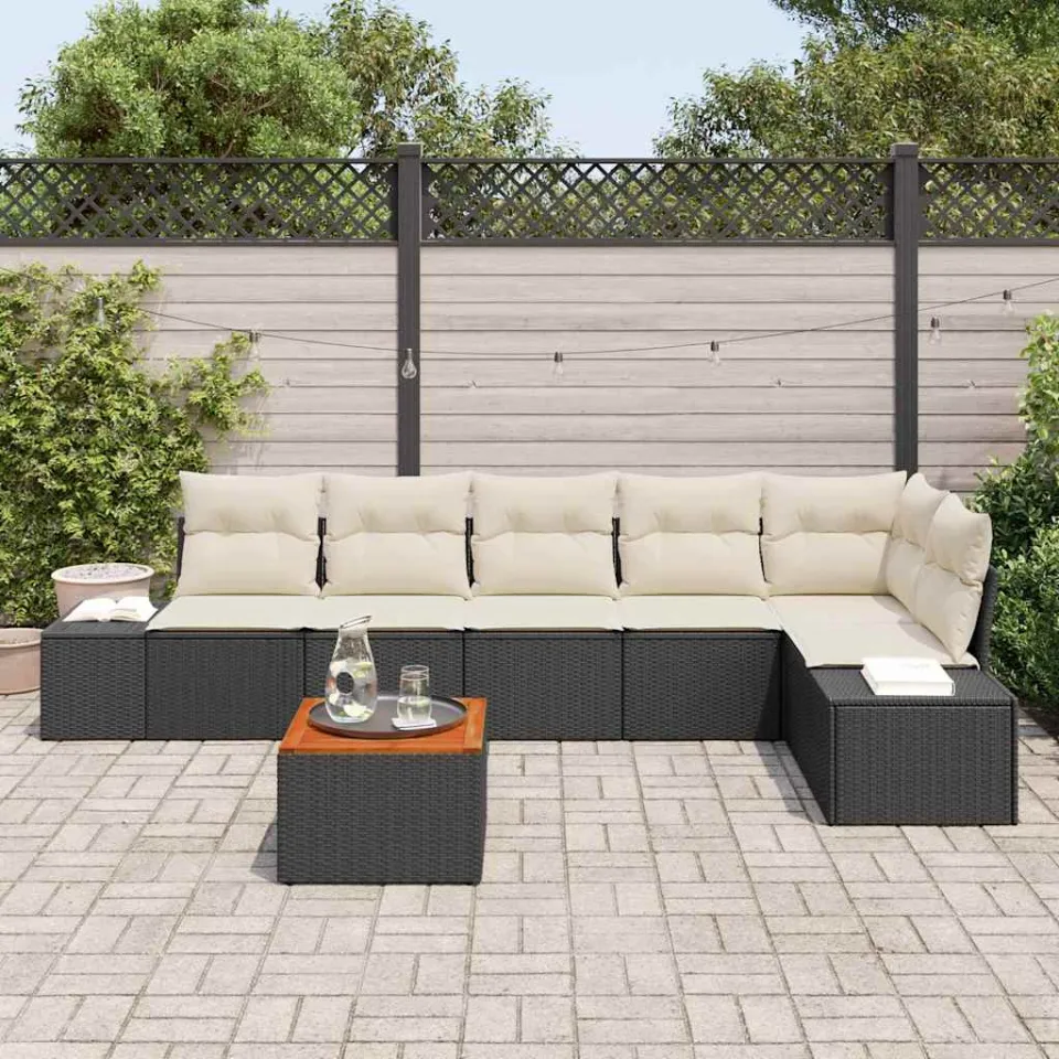 vidaXL Tuinbankenset 7 st Zwart en Crème poly rattan, foto 3