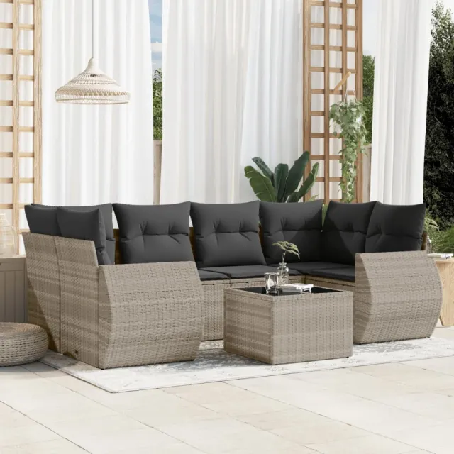 vidaXL 7-delige Loungeset met kussens poly rattan lichtgrijs grijs, foto 2