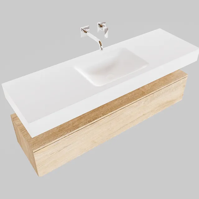 Boss & Wessing Badkamermeubel BWS Ibiza 150 cm Washed Oak Solid Surface Wastafel Mat Wit (acht varianten)