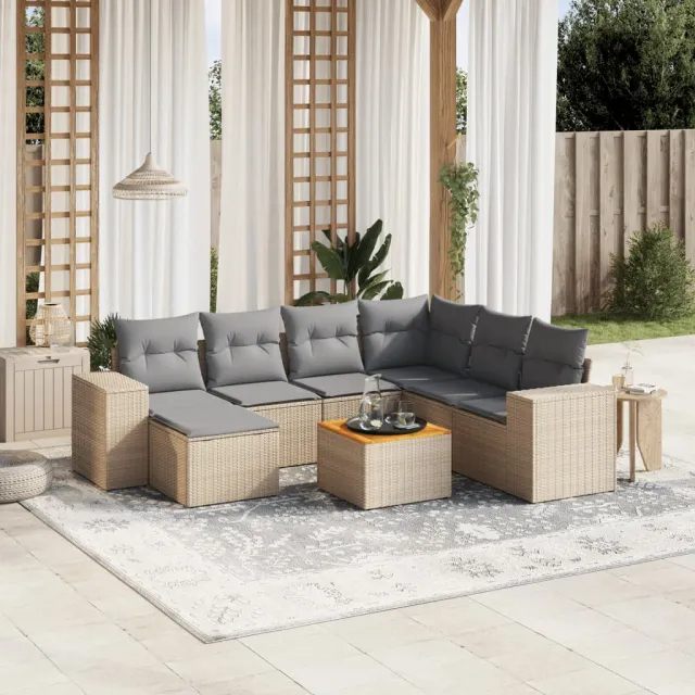 vidaXL 8-delige Loungeset met kussens poly rattan beige, foto 2
