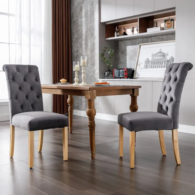 MODENUIT Eetkamerstoel - Set van 2 - Gebogen Rugleuning Met Knopen - Voor Eetkamer En Woonkamer - Fluweel Grijs