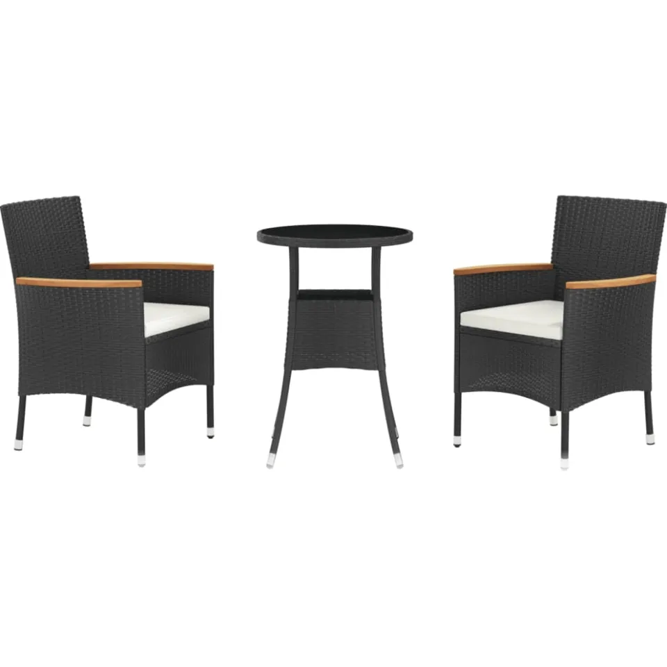 vidaXL 3-delige Bistroset met kussens poly rattan zwart, foto 3