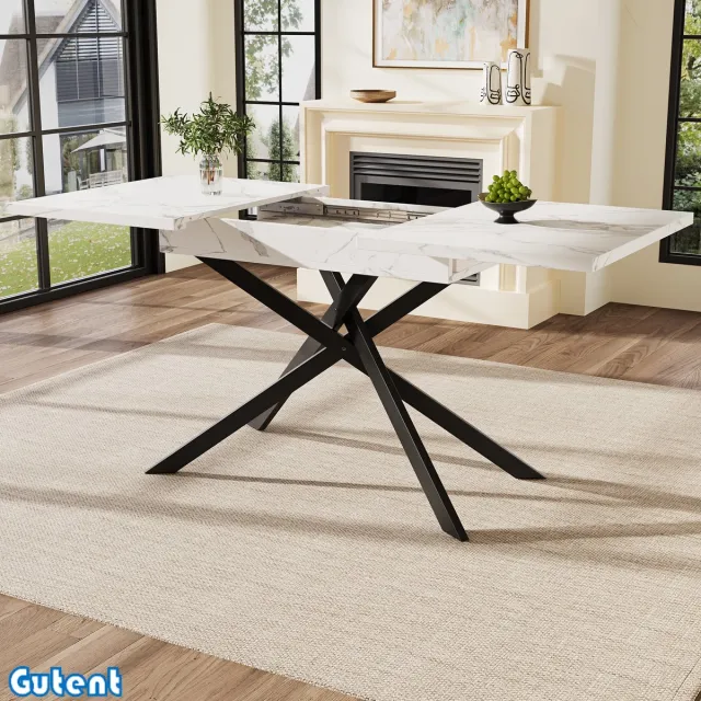 Gutent Uitschuifbare eettafel (120-160 cm)-Ruimtebesparend-Zwart gekruiste ijzeren poten-Wit tafelblad-MDF materiaal Wit+Zwart