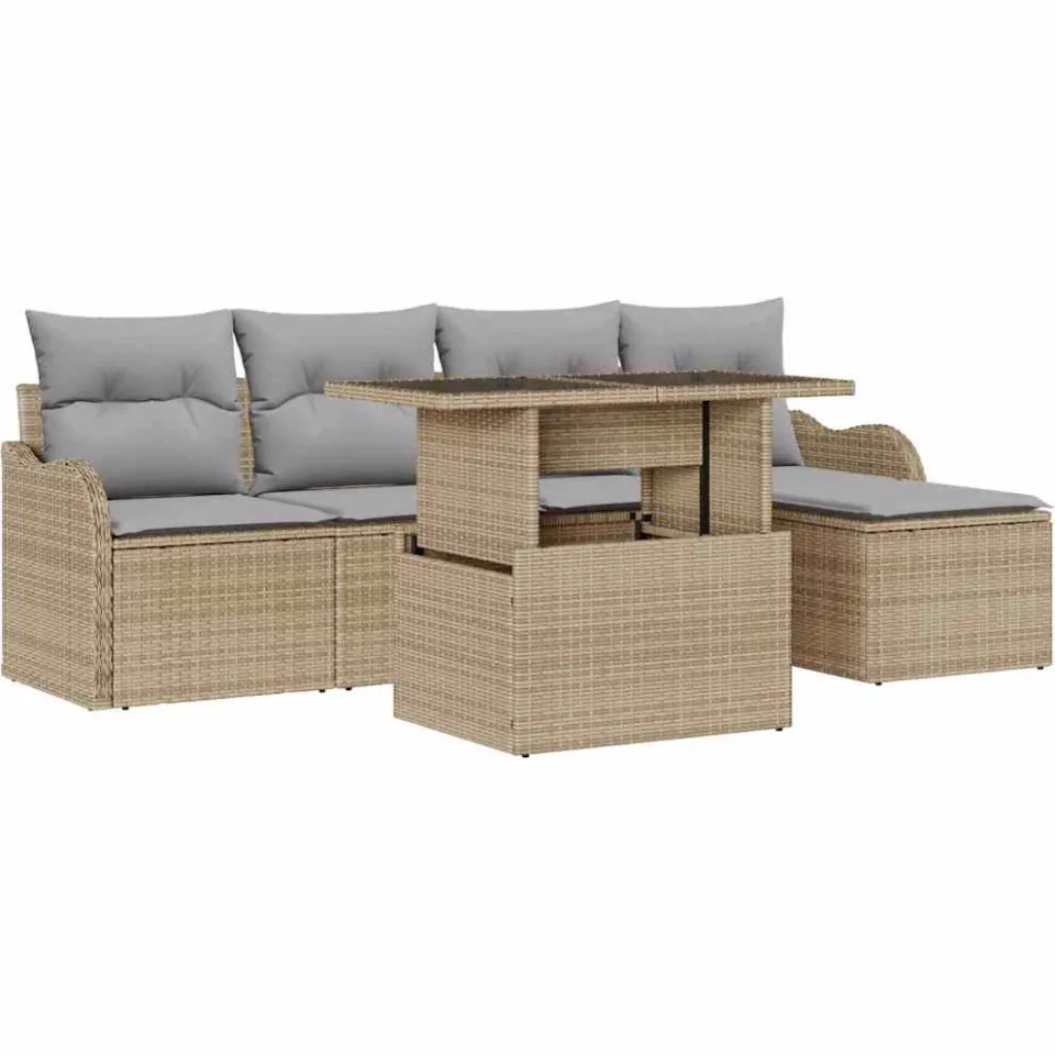 vidaXL Buiten Zitmeubelset 6 st Beige Poly riet