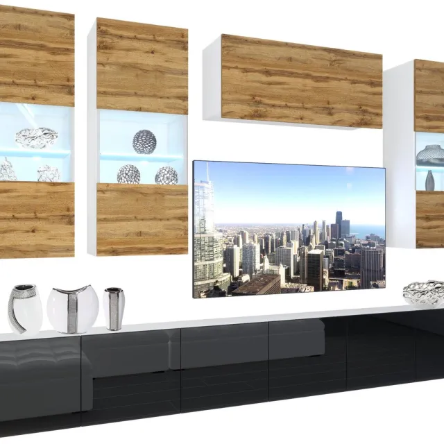 B BELINI GROUP BELINI Wandmeubel NEX 5 - TV-Wandkast Set met LED-Verlichting Wotan Eiken / Zwart - Hoogglans Fronten