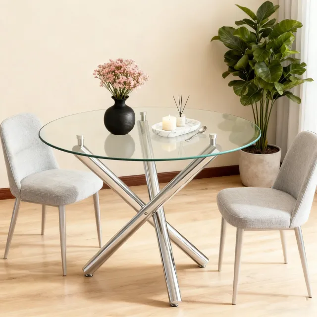 COVREO Eettafel 80x80x76 cm - glazen tafelblad, zilverkleurige metalen poten, voor 2 tot 4 personen Silver