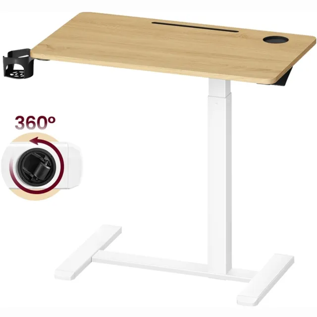 Songmics Verrijdbaar bijzettafeltje – Met wielen en 2 bekerhouders – Goudkleurige eikenhouttint – Hoogte verstelbaar – 80 x 45 cm