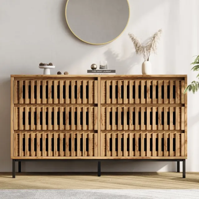 VVBV Buffetkast 120x40x81 cm – Opbergmeubel met Opbergruimte en 6 Lades – Scandinavisch – Modern Design – Krasbestendig – Voor Woonkamer – Natuurlijk Hout Naturel